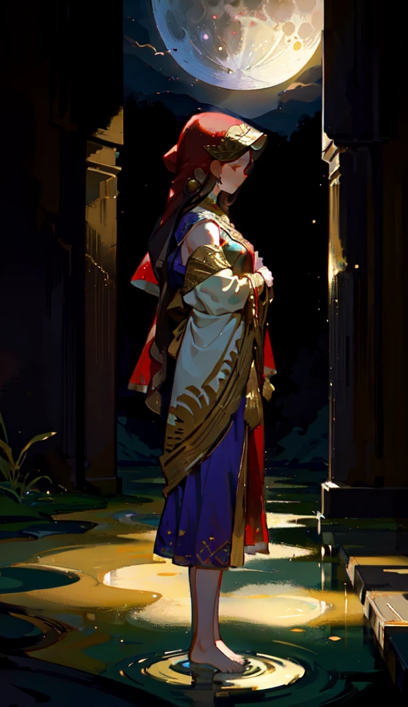 1indiangirl,Abstract Art,Rose red veil,Dark brown skin,Gold headdress,Gold clothing,Vision,Little girl,moon,,Standing barefoot on water,Reflection,Water occupies a large area,rain,Water,flower,moss,(((Back)))