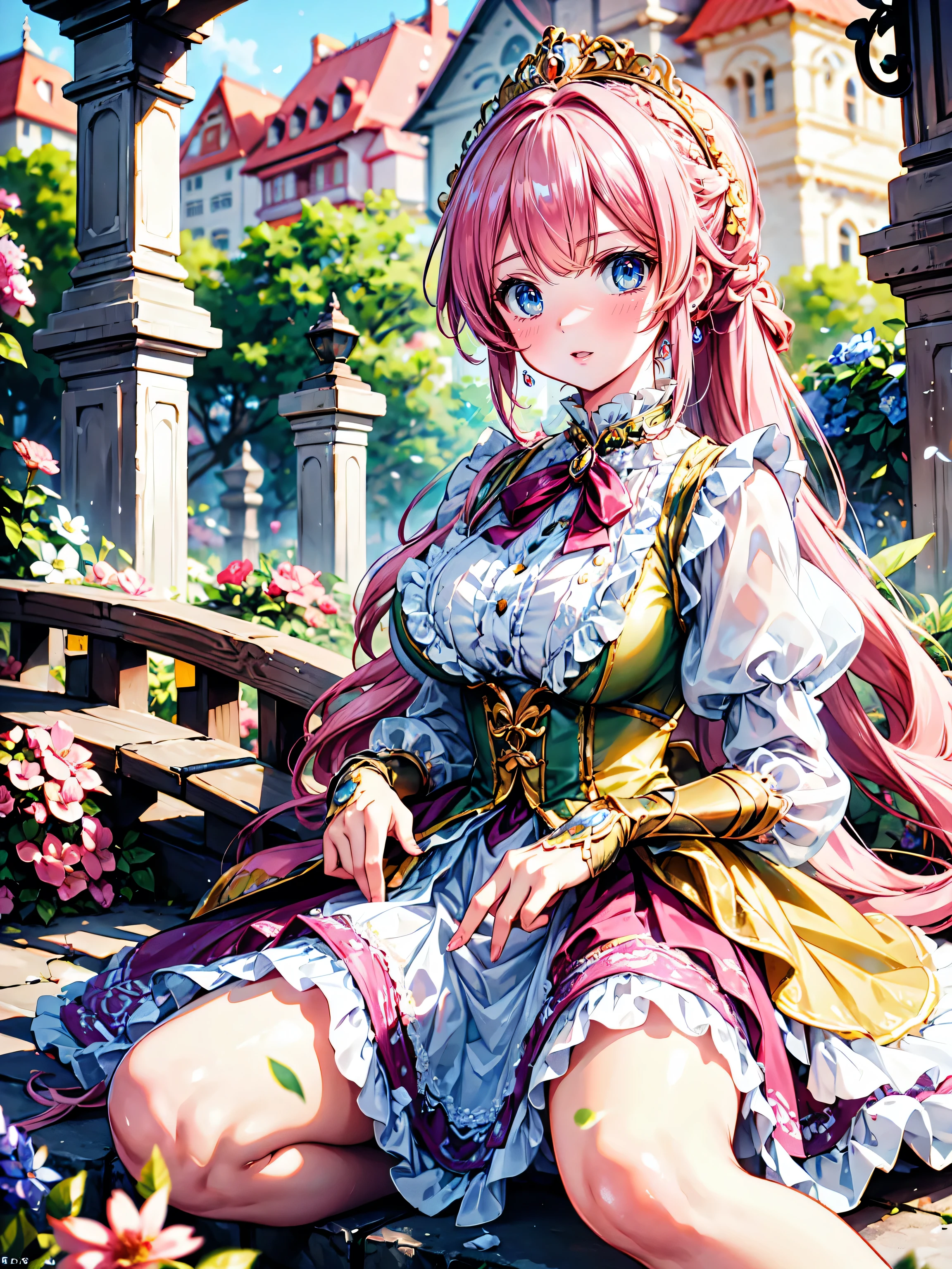 anime moe art style, ((Masterpiece, ultra detailed, exquisite quality)), (((young face solo princess))), (dress light yellow dress), (((ultra elaborate gorgeous rococo victorian gown with voluminous hoopskirt and long hems and lot of frills and pleats dense lace and cute ribbon, princess style skirt, ultra lovely gown))), (((hair pink hair))), ((fluffy long ponytail)), (Expressive very voluminous hair), ((huge breasts)), breasts cleavage, (((lying on one’s back, spread legs, front view))), super delicate face, kawaii face, (hyper detail delicate eyes, hyper beautiful eyes), (eyes blue eyes), (((So lot's of colorful flowers))), ((face focus, eyes focus, blurry background:1.5)), (isometric 3D:1.3), particle effect,