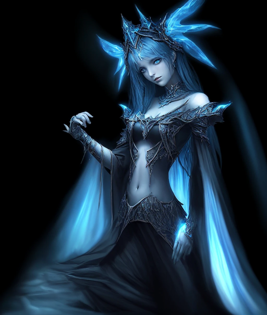 dark fantasy style, carefully preserves every feature of the image except the background and blue aura, 
