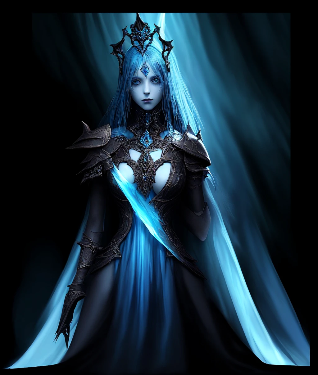 dark fantasy style, carefully preserves every feature of the image except the background and blue aura, 