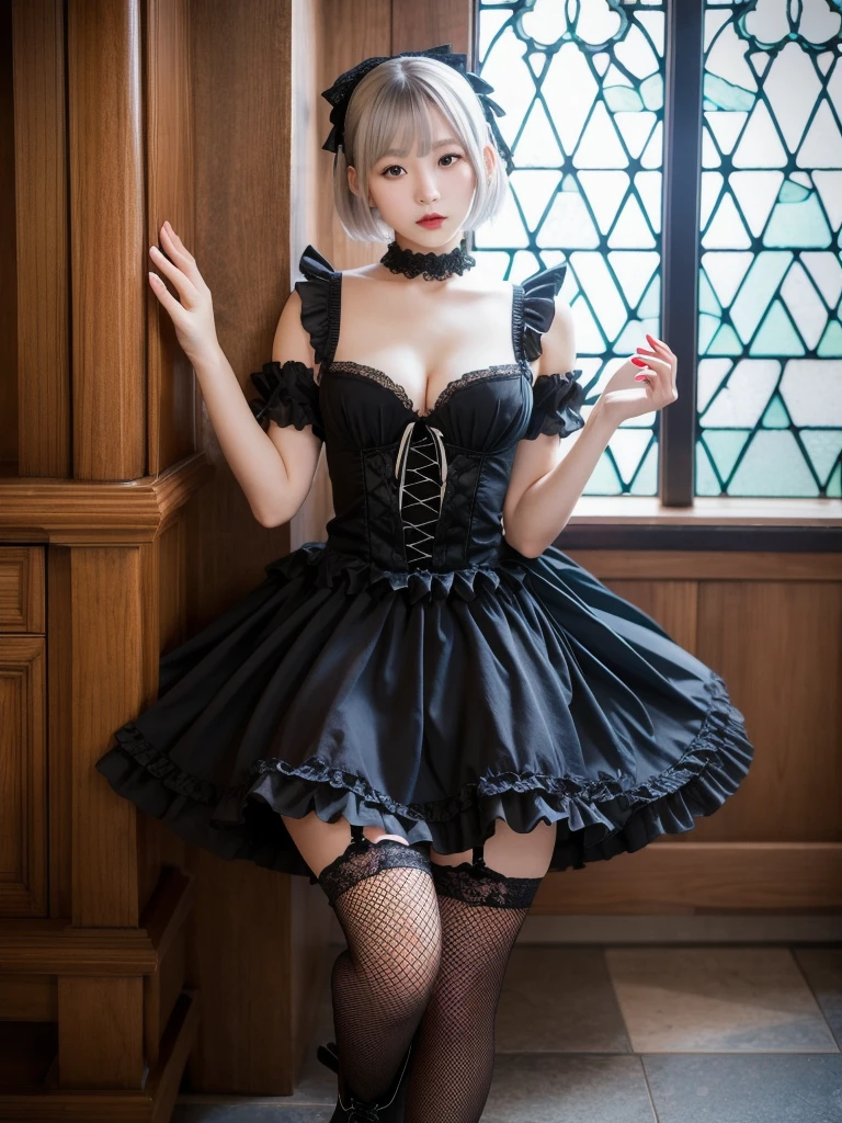 (8K, Photorealistic, Raw photo, Highest quality: 1.4),Japanese idol-style beautiful girl,model,1 person,18-year-old,(Short Bob),(Silver Hair :1.1),She has her hair tucked behind her ears,Headband,Clear grey eyes,Long eyelashes,(piercings(small)),(Pale, lifeless skin(Foundation)),(Lip gloss(Black :1.1)),thin long neck,Large Breasts,(Lace gloves),(gothic ta dress(Frills,Puffy long skirt)),(layer),(Fishnet tights),lace up dress boots,Sitting in a chair,Legs are V-shaped,Background of a room with heavy Gothic-style stone stained glass,Full body portrait