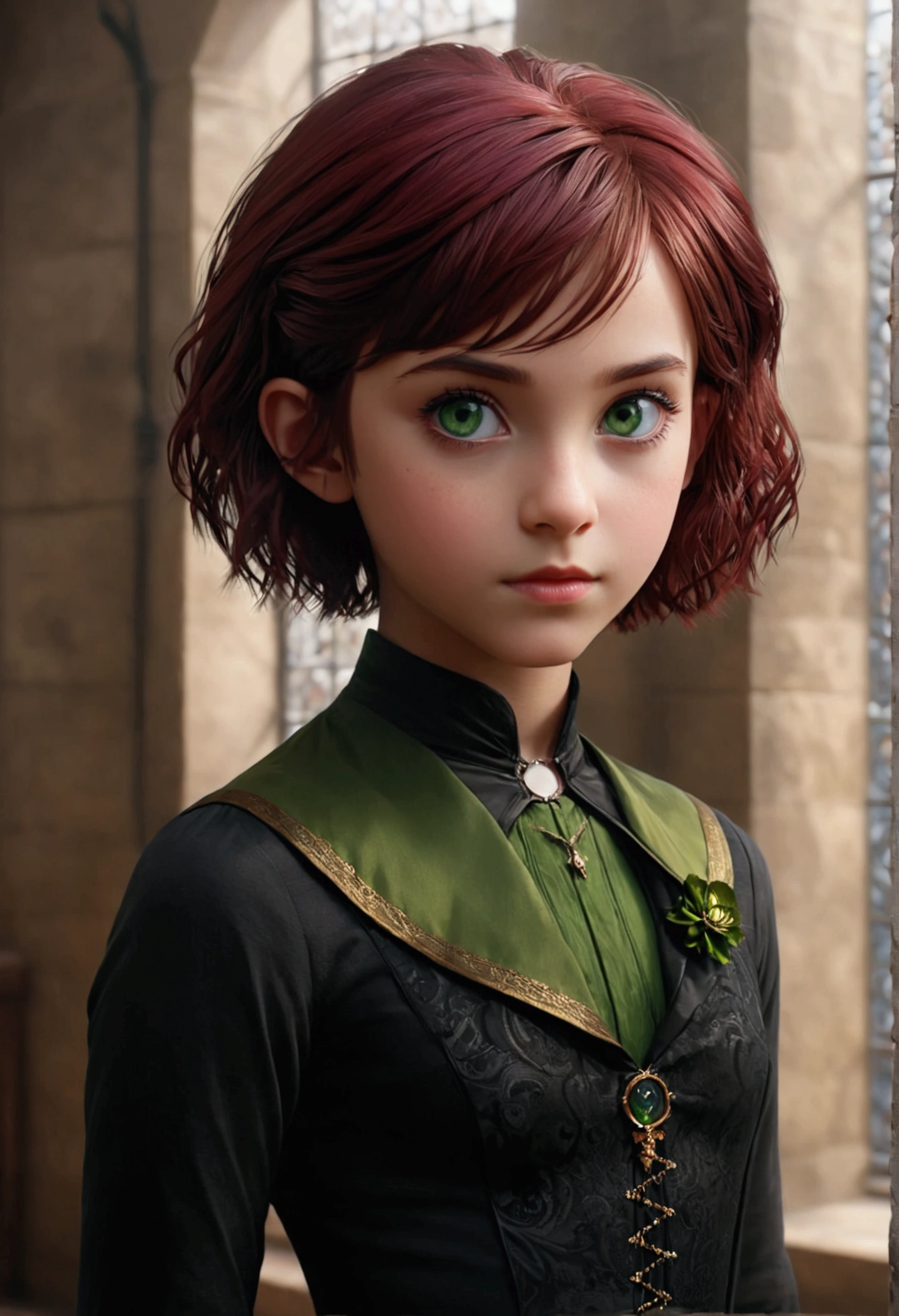 daughter of severus snape, (best quality,4k,8k,highres,masterpiece:1.2),ultra-detailed,realistic,portrait of a beautiful -yeld te1girl, SHION, dark-red hair, green eyes, pixie cut, asymmetric bangs, small brests, Short height, gold hairclip,
