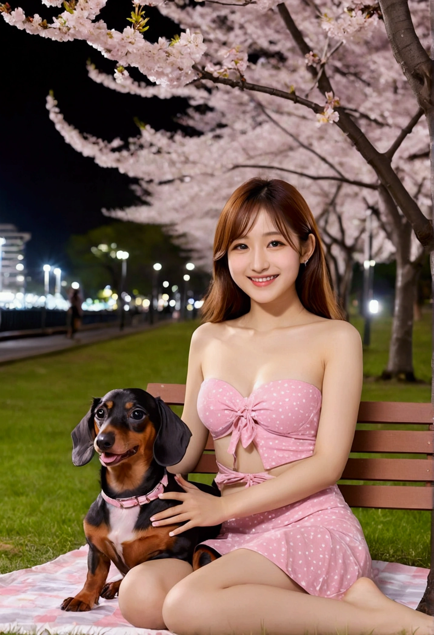 Cute face like an 18-year-old idol　Smiling Kindly　Bikini　Full body portrait　Slightly large bust　Night Park　Cherry blossom viewing under the illuminated cherry blossoms at night　She is sitting on a picnic seat、Holding a cute pet miniature dachshund　RAW Photos　Genuine　Like in the movies　Artistic photography