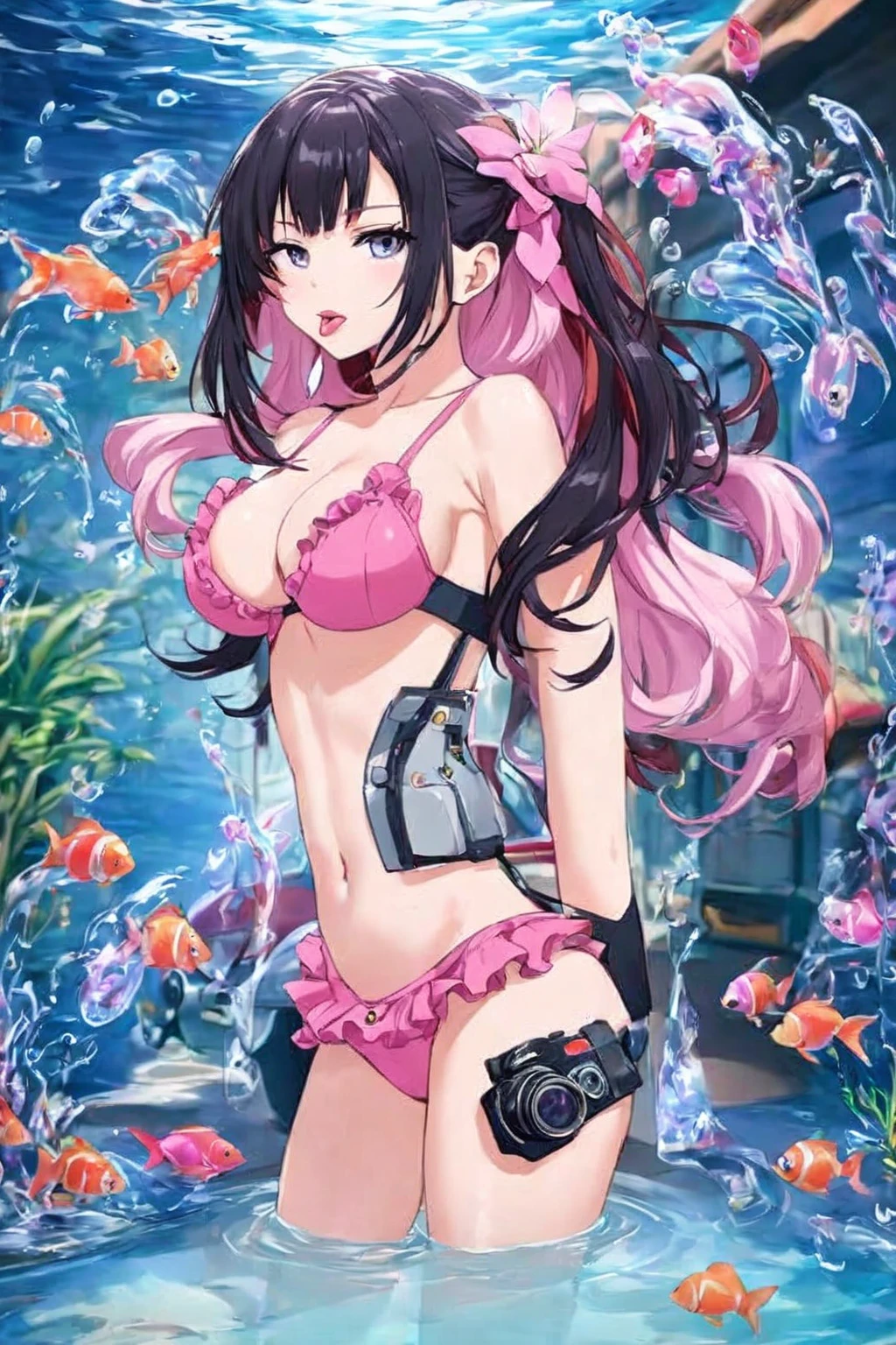 {{{{{16k, Camera angles close to face and tits}}}}}, {{{{{Her body and sex appeal are at their peak and she exudes an overwhelmingly seductive aura She kneels with her eyes upward drooling from the tip of her slender tongue and sticking out her tongue lovingly and skillfully caressing the penis in front of her, transforming a Japanese girl into her facial rank to the SSS rank of top-notch pretty actresses, She's in a cylindrical aquarium filled with female hormone fluid with a control panel that allows her to change the shape and appearance and personality of the girl inside at will, When the control panel under the aquarium was adjusted to a sexy beautiful big-breasted with tight cleavage slender underbusted personality girl her appearance changed to a cutely slut and gentle look, after being locked in a aquarium for four years and injected daily with beauty-enhancing hormones she grew into a girl that she had an lewd fetish for lips and necks and waistlines, The lush growing tits and waistline of a 18 year old ripen quickly when the control panel is moved to a 20 year old and we see her in her prime as a woman, her clearer nip line from underbust to hips, Her too-beautiful rounded wrapped in her separates frills pastel colored bikini, Her hair is replaced by a bang long glossy very Straight black hair, The growing body is reproduced with sex-loving, thick vivid lips, She transforms her into a cute once-in-a-millennium}}}}},{{Extremely detailed}},{{{{{integrated her head small, Enchanting Too thick and erotic deep pink lips, Her thickened lips shimmer with luster}}}}}