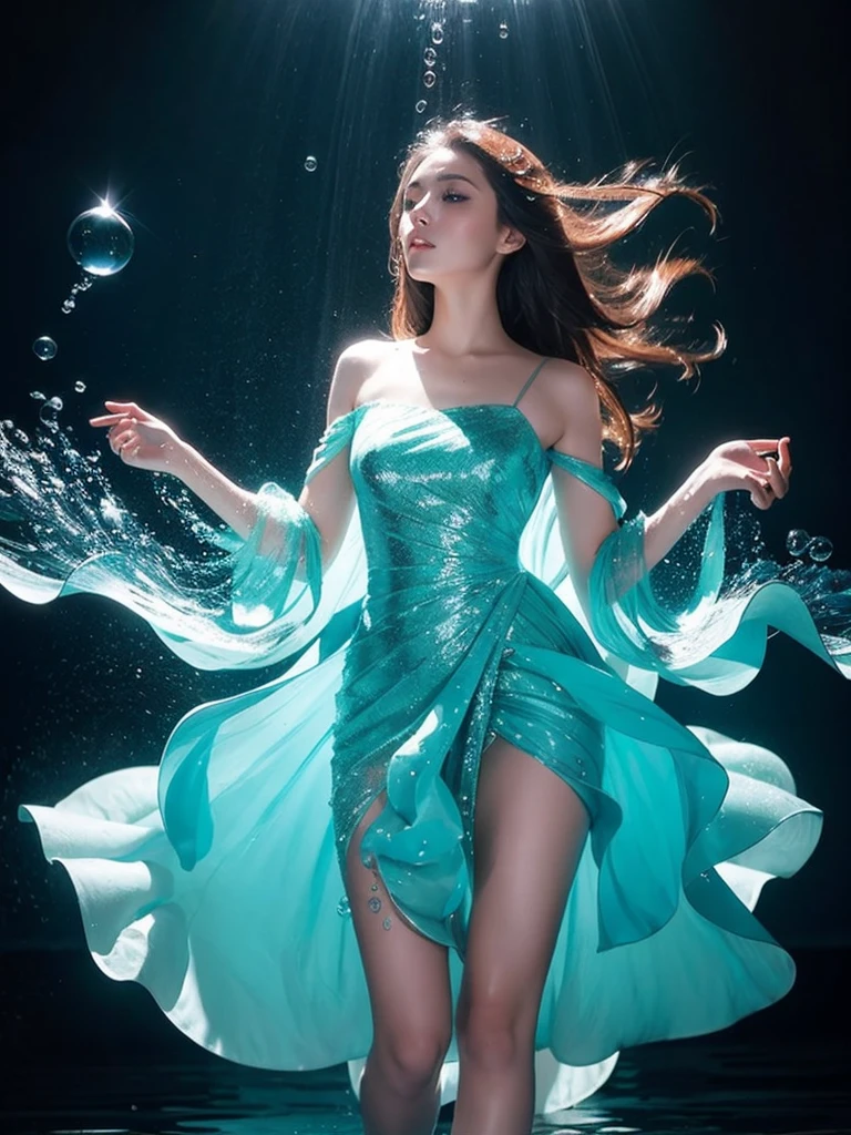 Young woman wearing a dress entirely made of transparent flowing water. Fluid, cascading gown with dynamic water movement. Large soap bubble-like spheres incorporated into the water fabric, creating a mesmerizing blend of flowing liquid and delicate bubble structures. Dynamic poses, dancing, Shimmering, iridescent water surface with rainbow reflections on bubble areas. Water drops of various sizes forming the dress's texture. High-detail photography, fantasy concept art style. Simple plain light blue background. Flowing water in space.