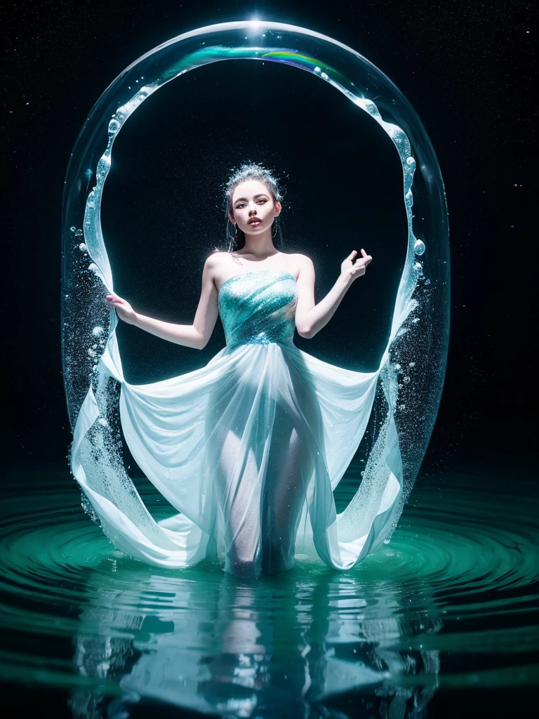 Young woman wearing a dress entirely made of transparent flowing water. Fluid, cascading gown with dynamic water movement. Large soap bubble-like spheres incorporated into the water fabric, creating a mesmerizing blend of flowing liquid and delicate bubble structures. Dynamic poses, dancing, Shimmering, iridescent water surface with rainbow reflections on bubble areas. Water drops of various sizes forming the dress's texture. High-detail photography, fantasy concept art style. Simple plain light blue background. Flowing water in space.