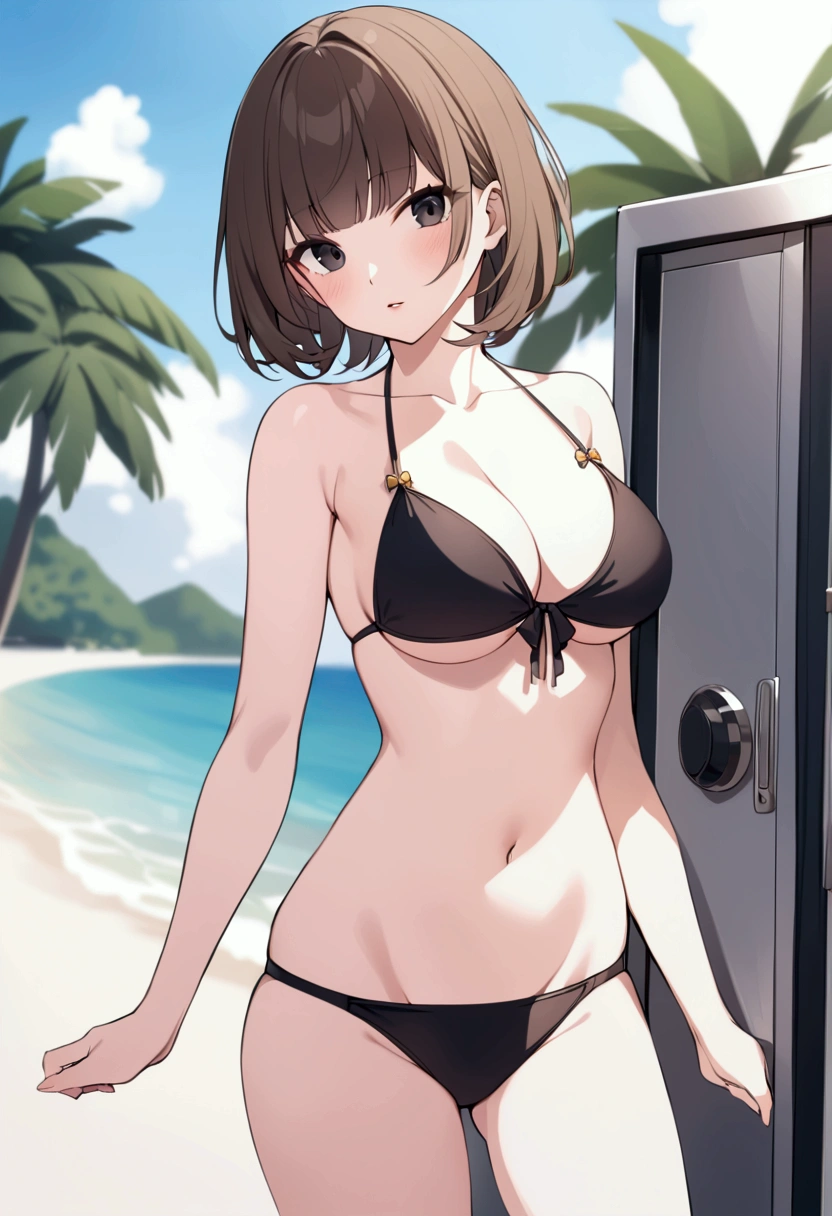 slender, mature female, 1girl, solo, bikini, navel, rating:safe, swimsuit, blurry, breasts, bikini, lips, brown_hair, depth_of_field, short_hair, looking_at_viewer, bangs, blurry_background, outdoors, medium_breasts, day, standing, cleavage, black_eyes, parted_lips, stomach, black_hair, bikini_top