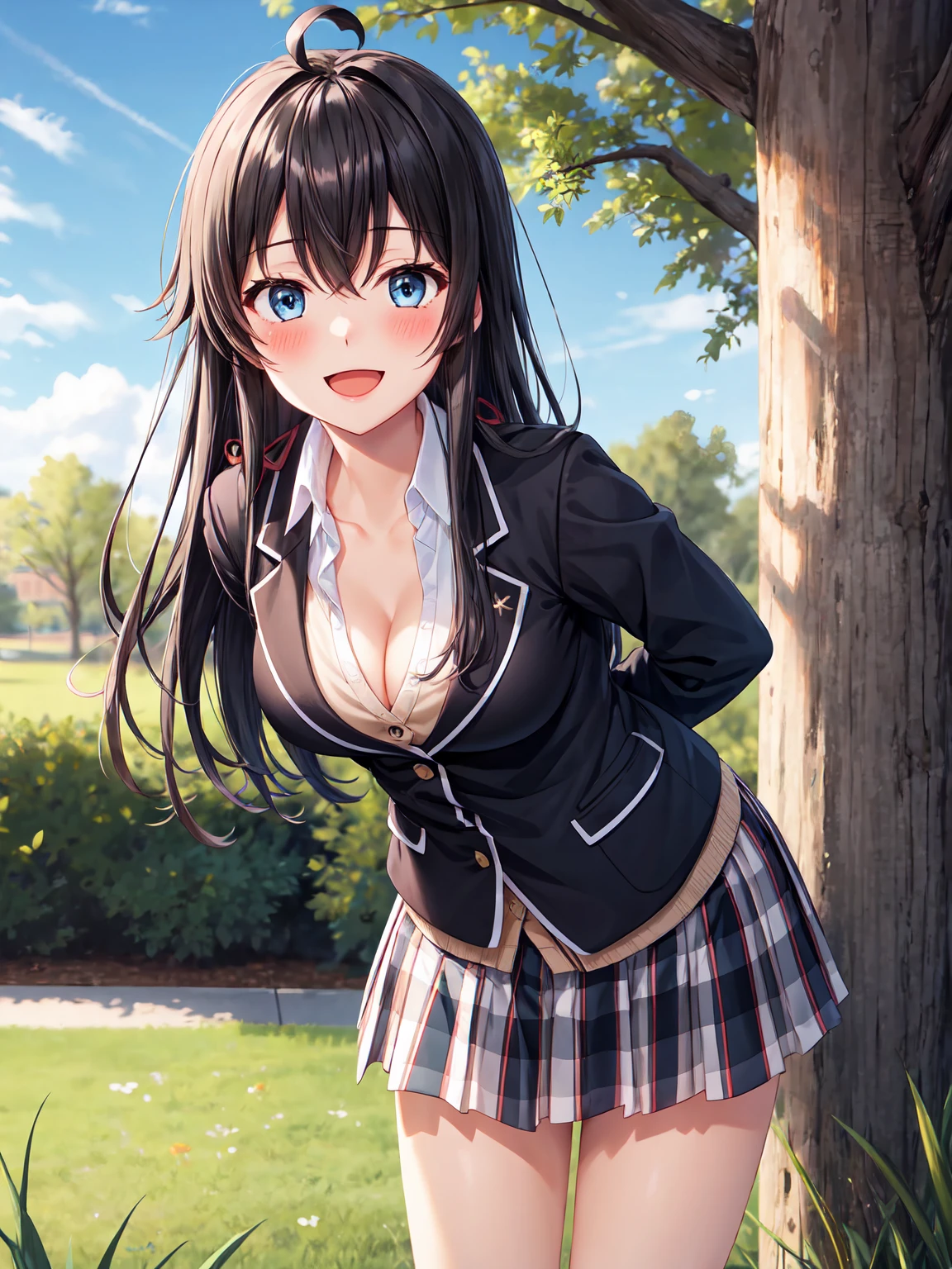 Masterpiece ,best quality , high resolution , (1 girl solo:1.38) , (yukino yukinoshita, black hair, blue eyes, long hair, ahoge) , (cleavage:1.02) , (big breast:1.03) , (blazer, cardigan, jacket, plaid skirt, school uniform, skirt, high school uniform ) , (arms behind back , hand behind back) , (leaning forward:1.3) , (face view , look at view , front view , from front) , ( outdoor , grass , tree , in campus ) , (standing , thighs ) , (cowboy_shot) , (smile , open mouth full face blush , shy )