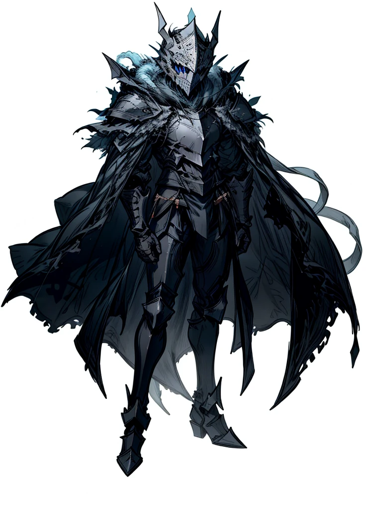 1boy ,full face helmet ,black knight, arctic knight, muscular man, broken cloak, nice clothes, (high resolution, high detail, best quality),