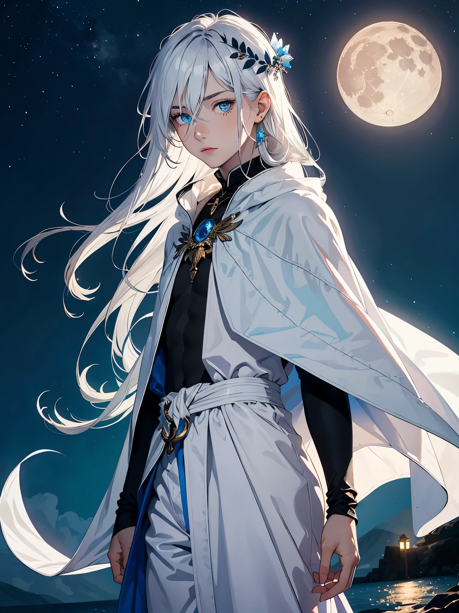 Long hair. long white hair. aquatic, boy, Goddess of the Moon, silver hair accessories, White hair, White dress, cape, at night, saturated colors, light eyes, bright, light blue light, blue eyes, Jewelry silver, bluish light, Full moon in the background, aquatic in der Luft rosa kerzen