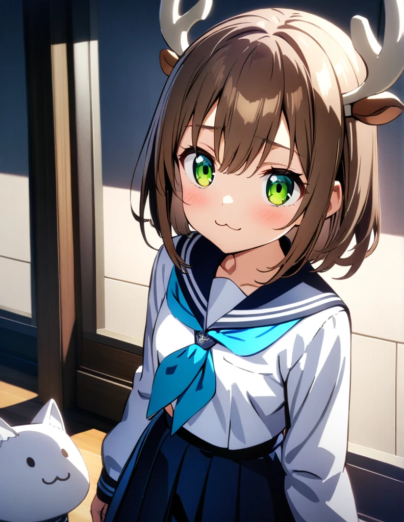absurdres, uhd, best quality, CG, HDR, 1girl, anime, cowboy shot, green eyes, round eyes, short chestnut brown hair, (white moose antlers), white serafuku with navy collar and light blue neckerchief, long sleeves, navy pleated skirt, (:3 face, cat mouth),