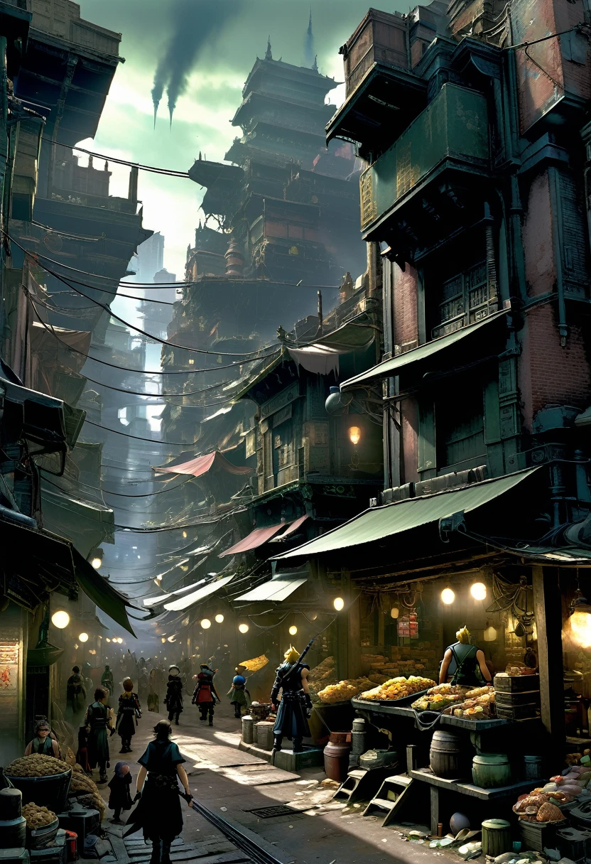 "A gritty and detailed depiction of the slums in Midgar from Final Fantasy 7, with dilapidated buildings, crowded alleyways, and makeshift structures. People are seen going about their daily lives, vendors selling goods on the streets, and children playing amidst the debris. The sky is overcast, with the upper plate of Midgar barely visible above."
