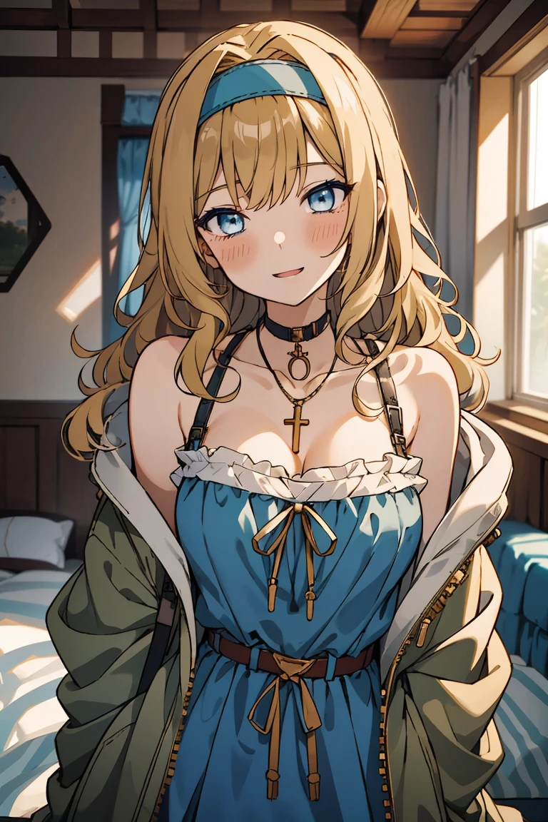 (masterpiece:1.2), (high quality:1.2), tenza, jigokuraku, girls with((1girl, solo, blonde hair, blue eyes, (wavy medium hair, hairband, headbans:1.3), blush, breasts, choker, cleavage, coat, cowboy shot, blue dress, ribbon waist belt, collar, collarbone, rosary, rosary choker, cross, fur, khaki hoodie, green hoodie, hood down, hooded coat, hooded jacket, hoodie, jacket, large breasts, long hair, long sleeves, medium breasts, open clothes, open coat,open hoodie, sleeveless, winter clothes, zipper, cleavage, upper body, hand up, waving, palm)), background with((bedroom, room:2.0))