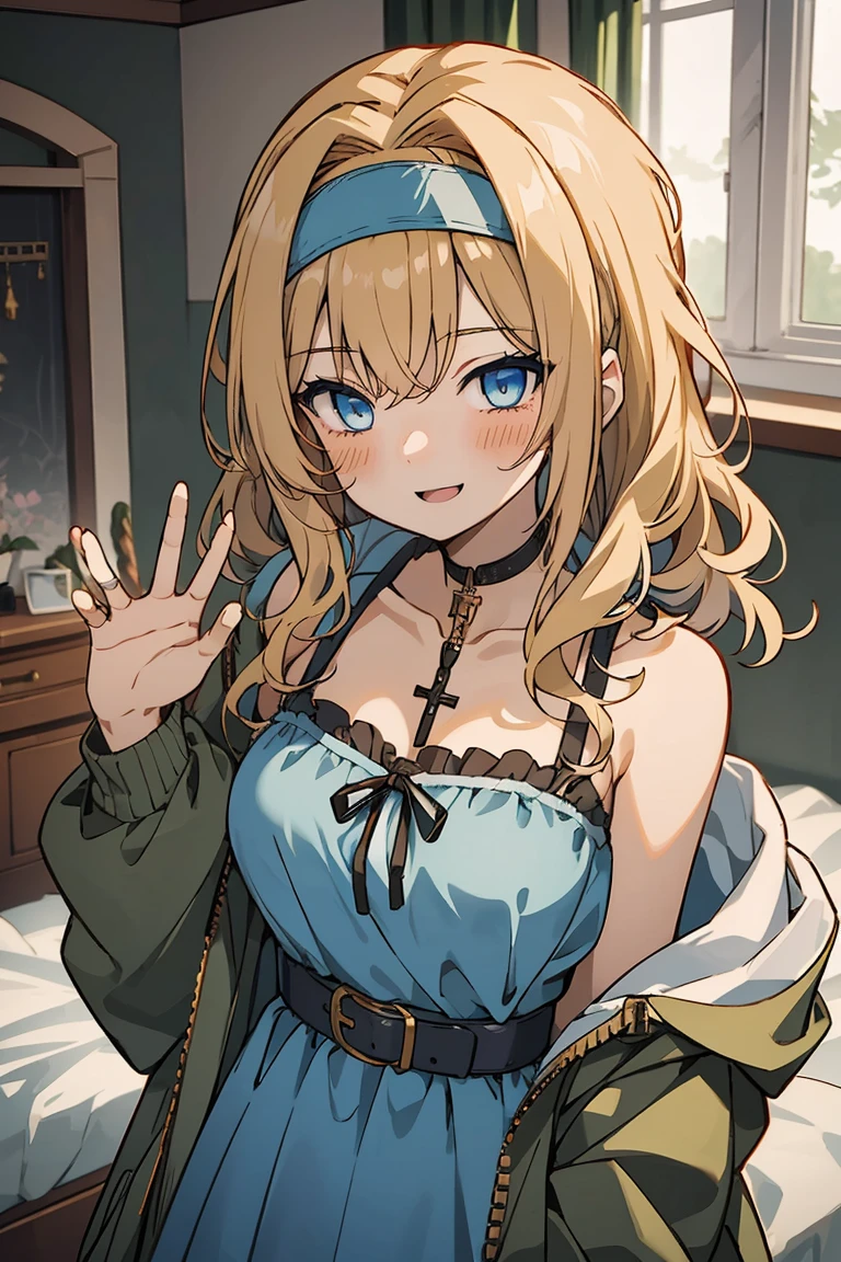 (masterpiece:1.2), (high quality:1.2), tenza, jigokuraku, girls with((1girl, solo, blonde hair, blue eyes, (wavy medium hair, hairband, headbans:1.3), blush, breasts, choker, cleavage, coat, cowboy shot, blue dress, ribbon waist belt, collar, collarbone, rosary, rosary choker, cross, fur, khaki hoodie, green hoodie, hood down, hooded coat, hooded jacket, hoodie, jacket, large breasts, long hair, long sleeves, medium breasts, open clothes, open coat,open hoodie, sleeveless, winter clothes, zipper, cleavage, upper body, hand up, waving, palm)), background with((bedroom, room:2.0))