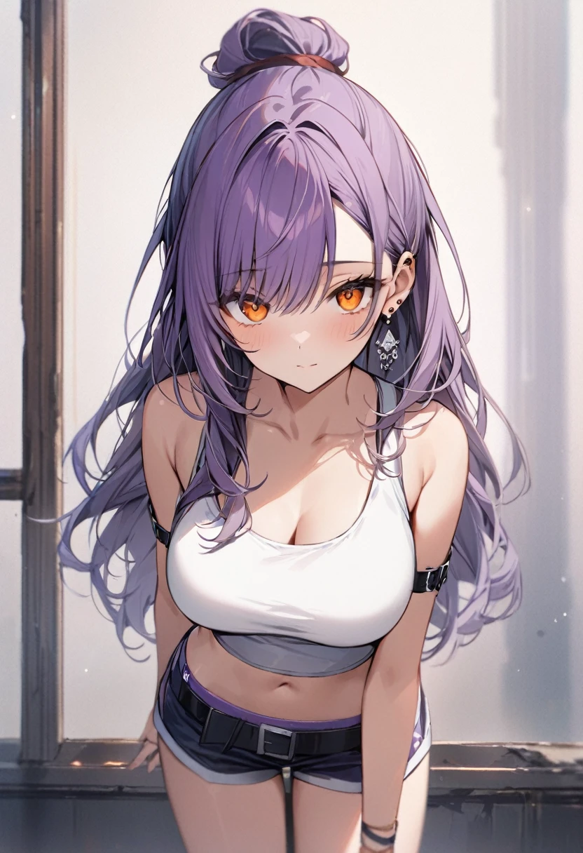 masterpiece, best quality, 1girl, solo, adult, purple hair, long hair, hair tied down, earrings, orange eyes, detailed face, white crop top, large breasts, shorts, arm belt, infront of viewer, empty look, 