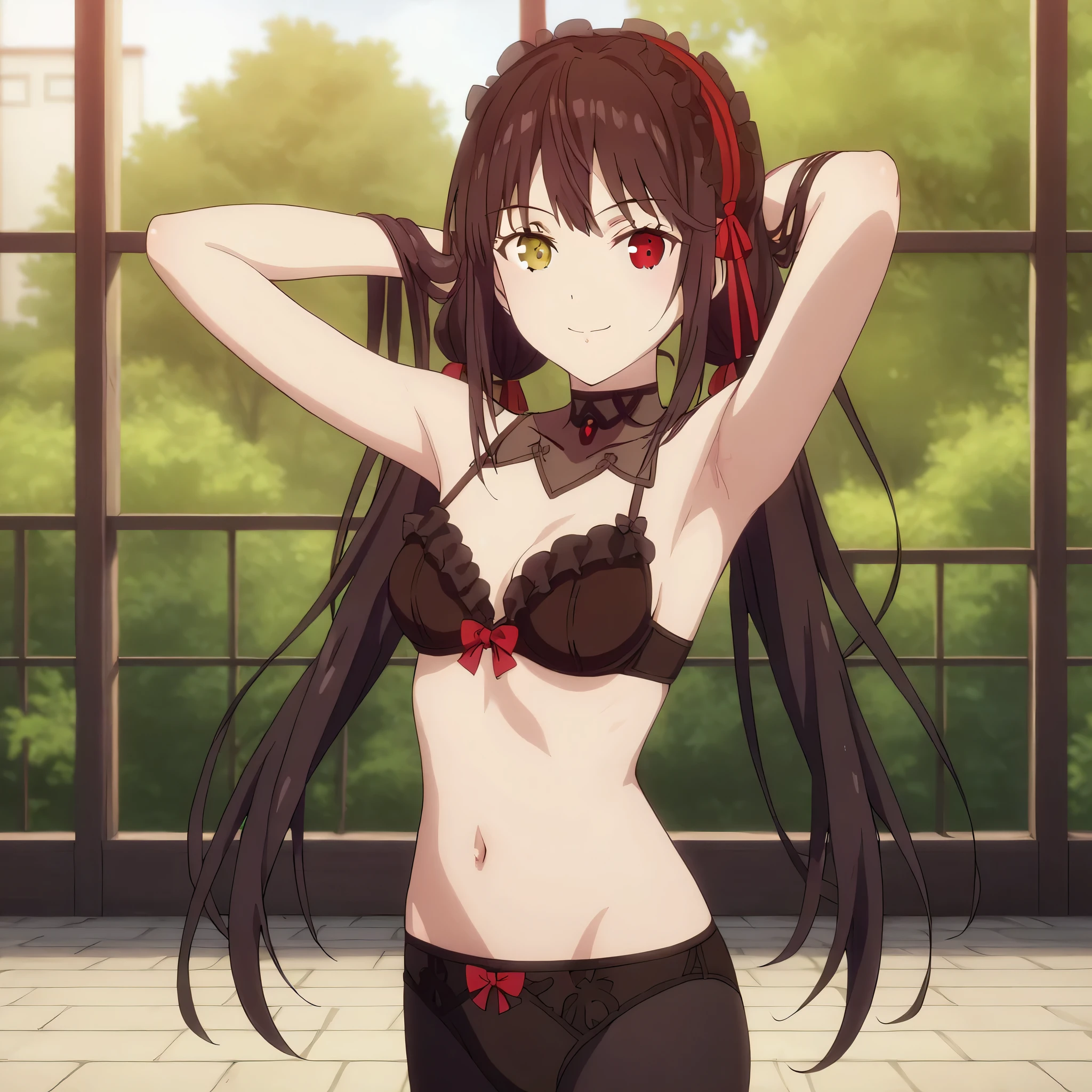 score_9, score_8_up, score_7_up, masterpiece,best quality,highres,ultra-detailed, source_anime,
kurumitokisaki, kurumi tokisaki, black hair,   golden right eye(clock eye), heterochromia and red eyes, long hair, (bunches)
bare shoulder, ribbon, Black bra, bikini, briefs,  black bikini, twintails, low twintails, black silk leggings
indoors, outdoor, smile,
looking at viewer, arm_behind_head,arms_up,cowboy shot,