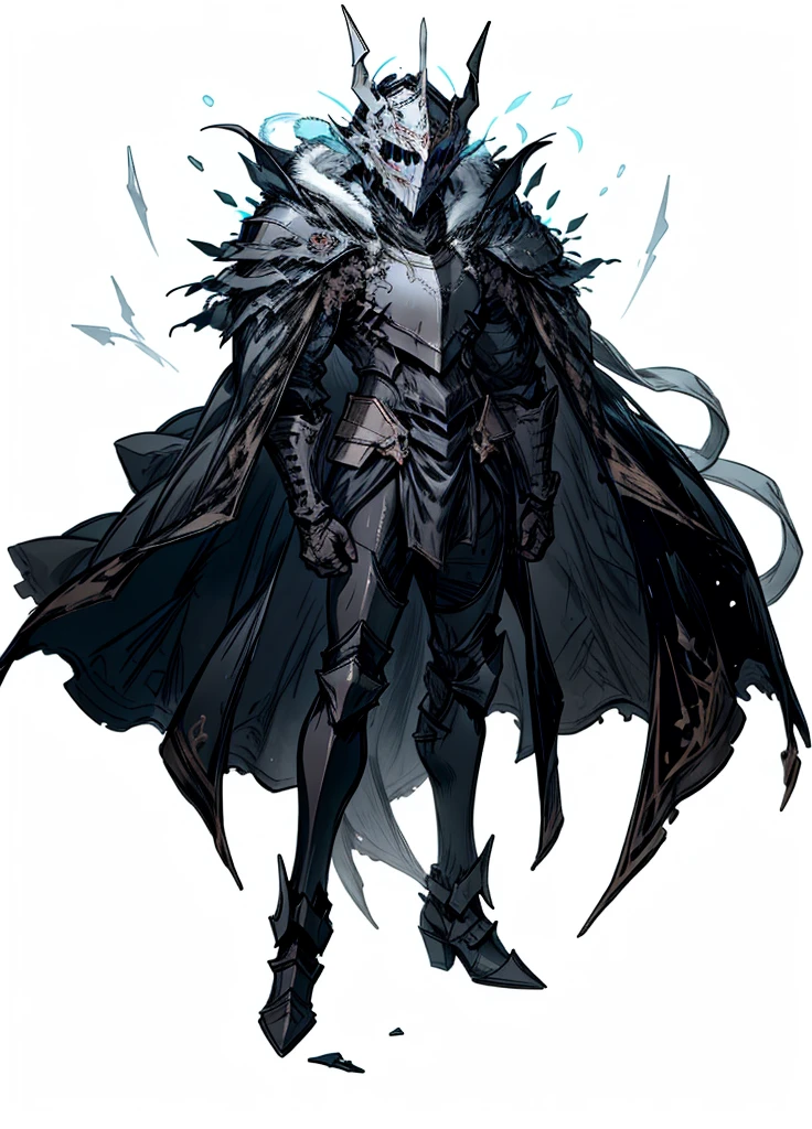 1boy ,full face helmet ,black knight, arctic knight, muscular man, broken cloak, nice clothes, (high resolution, high detail, best quality),
