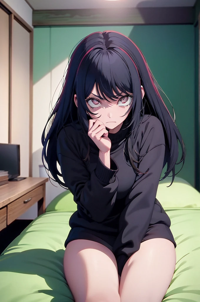 naruto screenshot.
Black hair girl with long green, He has gray eyes and has a serious expression. She is wearing a black sweatshirt and panties and in the background she has a room and she is sitting on the bed