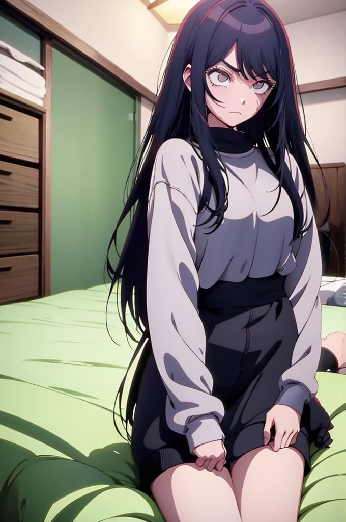 naruto screenshot.
Black hair girl with long green, He has gray eyes and has a serious expression. She is wearing a black sweatshirt and panties and in the background she has a room and she is sitting on the bed