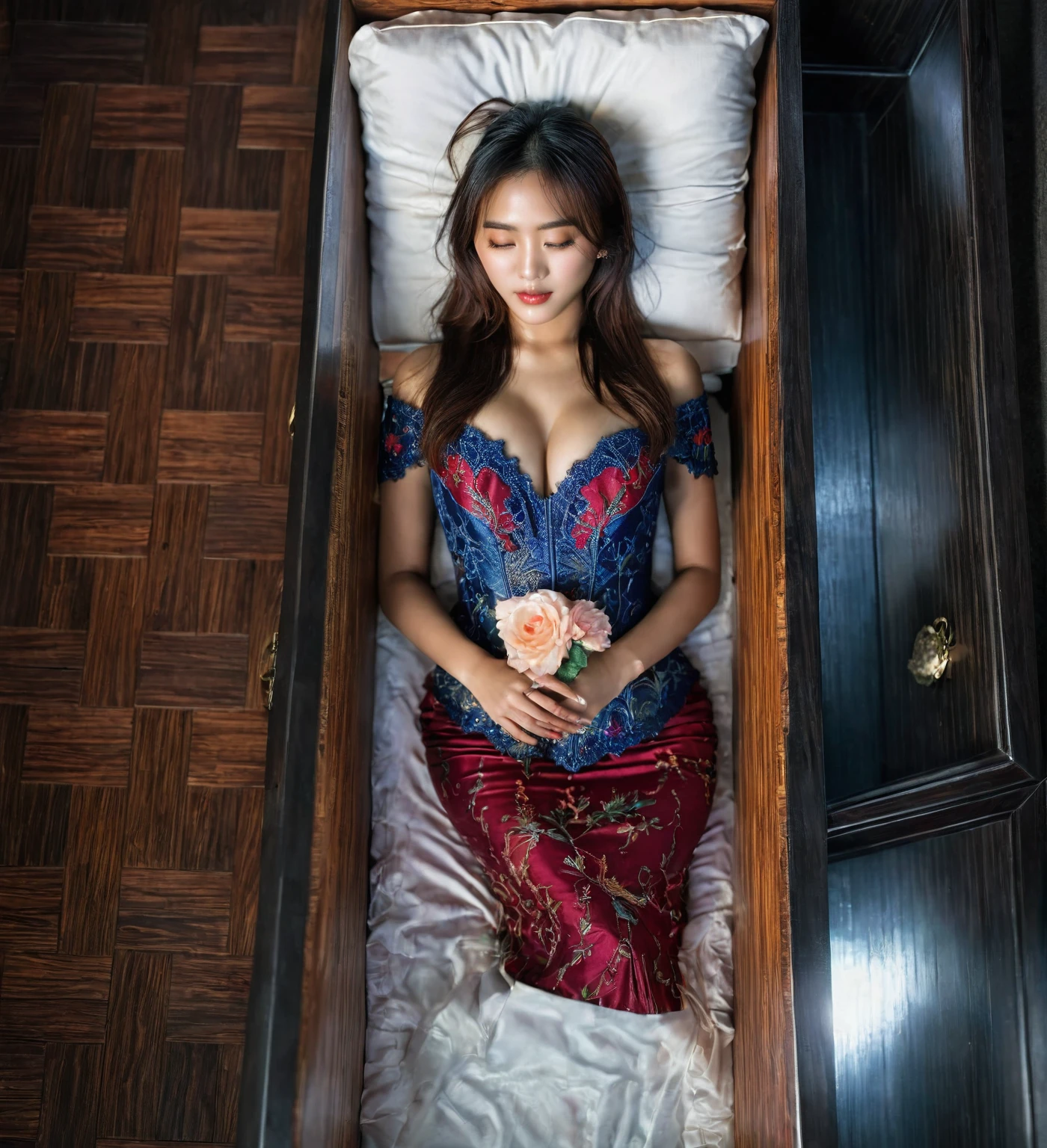 In a striking 8K HDR scene, a stunning Korean woman, 22 years old, lies peacefully in a black coffin surrounded by plush pillows. The deep box is set against a rich black background, accentuating the beauty of the subject. Her exquisite deep-V neckline kebaya attire is embroidered with superb detail, showcasing her round and firm breasts, perfect cleavage, and beautiful eyebrows. Her closed eyes and mouth give an air of serenity, while her visible and absolute cleavage leave nothing to imagination. The scene is bathed in saturated colors, highlighting every intricate aspect from the ball skirt to her clean face, straight body, detailed hand perfect hands, straight body, own hands together, own hand on stomach, detailed hands, perfect hands.