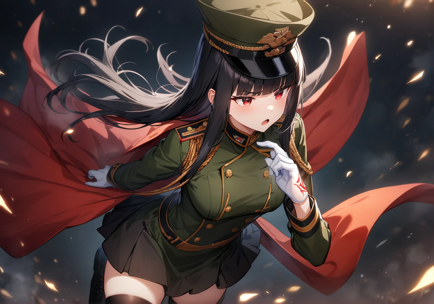 (masterpiece, best quality, very aesthetic, absurdres:1.2), game cg, 1girl, solo, black hair, long hair, straight hir, blunt bangs, hime cut, red eyes, (military jacket, black millitary jacket:1.2), red cape, (millitary hat, black skirt:1.2), black thighhighs, black millitary boots, gloves, white gloves, frown, command spell, open mouth, night, black background