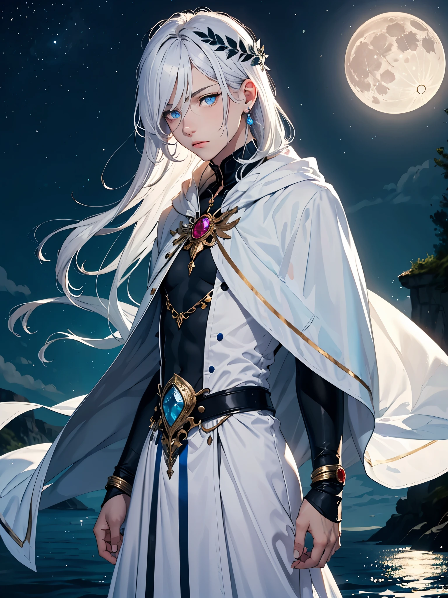 Long hair. long white hair. aquatic, boy, Goddess of the Moon, silver hair accessories, White hair, White dress, cape, at night, saturated colors, light eyes, bright, light blue light, blue eyes, Jewelry silver, bluish light, Full moon in the background, aquatic in der Luft rosa kerzen