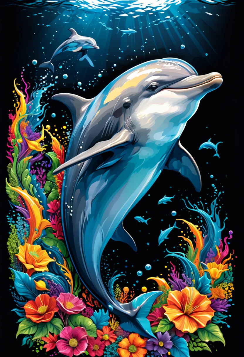 Vector art of a colorful dolphin illustration, high detail, black background
(artwork, best quality, professional, perfect composition, very aesthetic, absurdity, super detailed, intricate details:1.3)