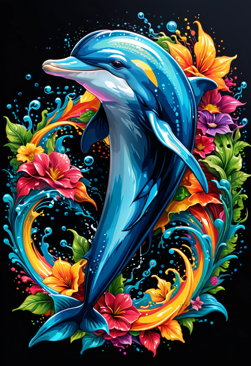Vector art of a colorful dolphin illustration, high detail, black background
(artwork, best quality, professional, perfect composition, very aesthetic, absurdity, super detailed, intricate details:1.3)