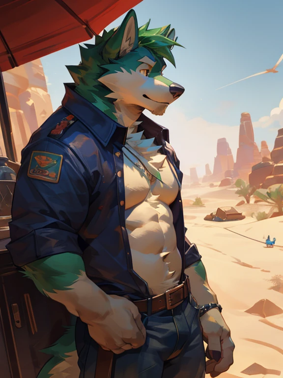 Solo, male, Husky Wolf, with black and cream-colored fur, with short bluish-green hair, with bluish-green beard, bluish-green chest fur, amber eyes, with long ears, shirtless, in jeans, chest, big chest view, desert, route 66,((focus body, furry focus, focus shadows, body shadows)), by darkgem, by mystikfox61, by glitter trap boy