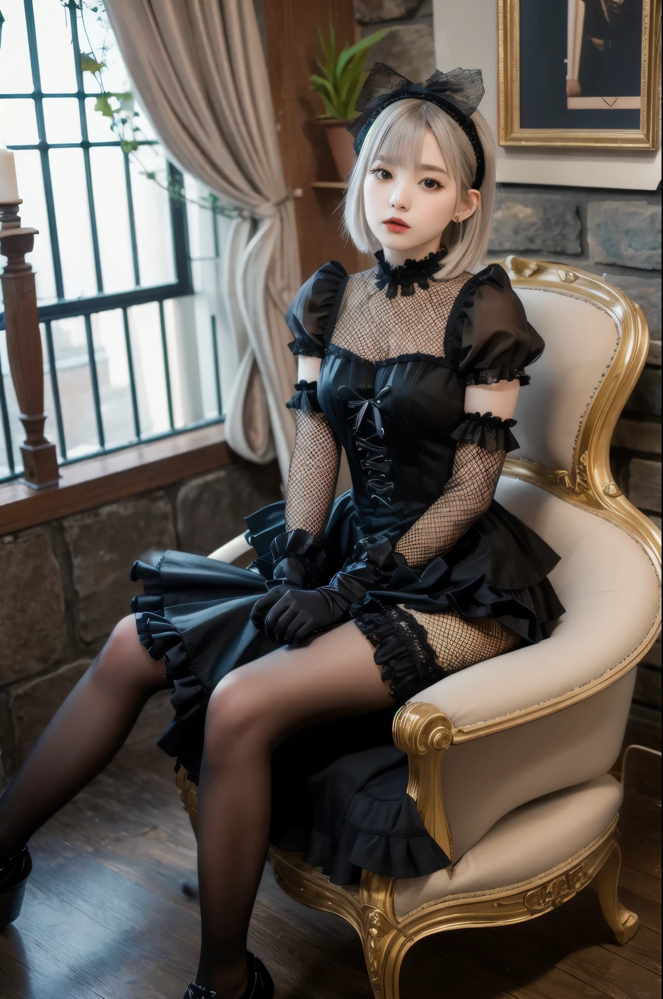 (8K, Photorealistic, Raw photo, Highest quality: 1.4),Japanese idol-style beautiful girl,model,1 person,18-year-old,(Short Bob),(Silver Hair :1.1),She has her hair tucked behind her ears,Headband,Clear grey eyes,Long eyelashes,(piercings(small)),(Pale, lifeless skin(Foundation)),(Lip gloss(Black :1.1)),thin long neck,Large Breasts,(Lace gloves),(gothic lolita dress(Frills,Puffy long skirt)),(layer),(Fishnet tights),gothic lolita shoes,Sitting in a chair,Legs are V-shaped,Background of a room with heavy Gothic-style stone stained glass,Full body portrait