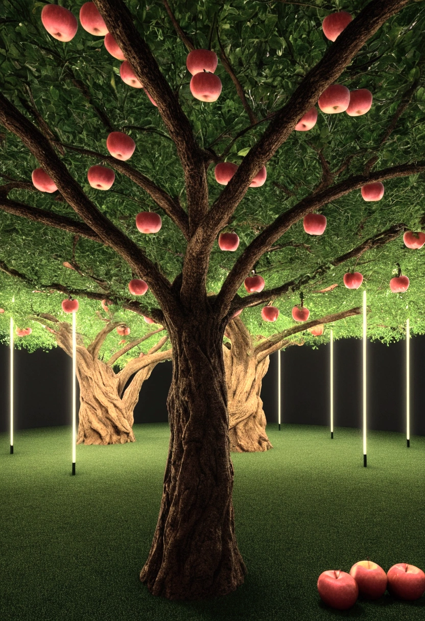 I generated an image of Adam and Eve, in paradise with tree very red apples as hologram screens, the holograms show small, extremely complex digital trees on their neon wires. Depth of Field, Tilt Blur, Shutter Speed 1/1000, F/22, White Balance, 32k, Super Resolution, Pro Photo RGB, Backlight, Backlight, Happy Lighting, Incandescent, Soft Lighting, Surround, Conte Jour, Global Illumination, Screen Space Global Illumination, Scattering, Shadows, Rough, Flicker, Backlight Reflection, Screen Space Reflection, Diffraction Estimation, Chromatic Aberration, GB Bias, Scan Lines, Ambient Occlusion, A RTX, SSAO, OpenGL Shaders, Post-processing, Post-production, Cell shading, Tone mapping, CGI, VFX, SFX, Incredibly detailed and complex, Hypermaximalist, Elegant, Dynamic pose, Photography, volumetric, ultra-detailed, complex details, super-detailed, environment