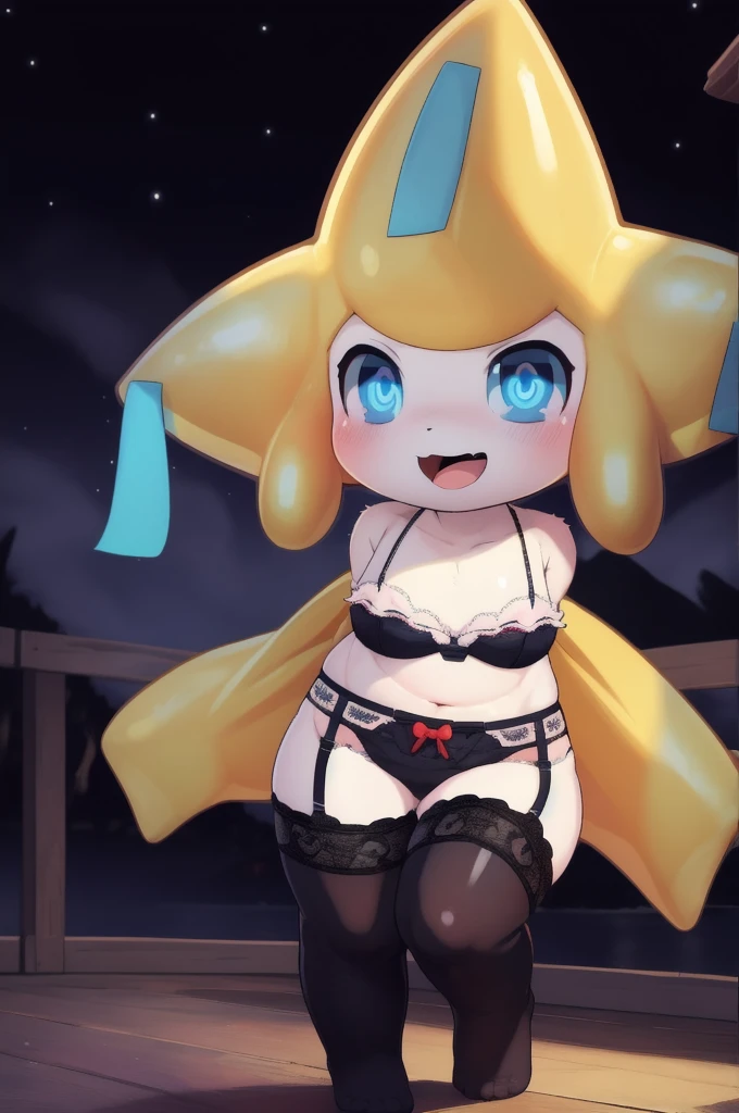 art by dagasi, beautiful girl, Uploaded to e621.net,  fox girl, kid, , (Pixelsketcher), (wamudraws), (masterpiece), (HD), (high res), (feet visible), (furry anthro), (detailed shading), (beautiful render art), anthro Jirachi, blue eyes, glowing eyes, neon eyes, furry, Jirachi ears, [(slim figure, flat chest, skinny)], (curvy hips), (beautiful legs), spectral color, (wearing lace lingerie, beautiful and detailed light grey lace lingerie, Victoria's secrets lingerie, garter belt and matching stockings), (really dark night:1.5), [zero lighting], northern lights in the background, looking at the viewer with longing, full face blush, heavy breath, defiant look, Jirachi smiling mischievously, sticking out tongue with mouth open