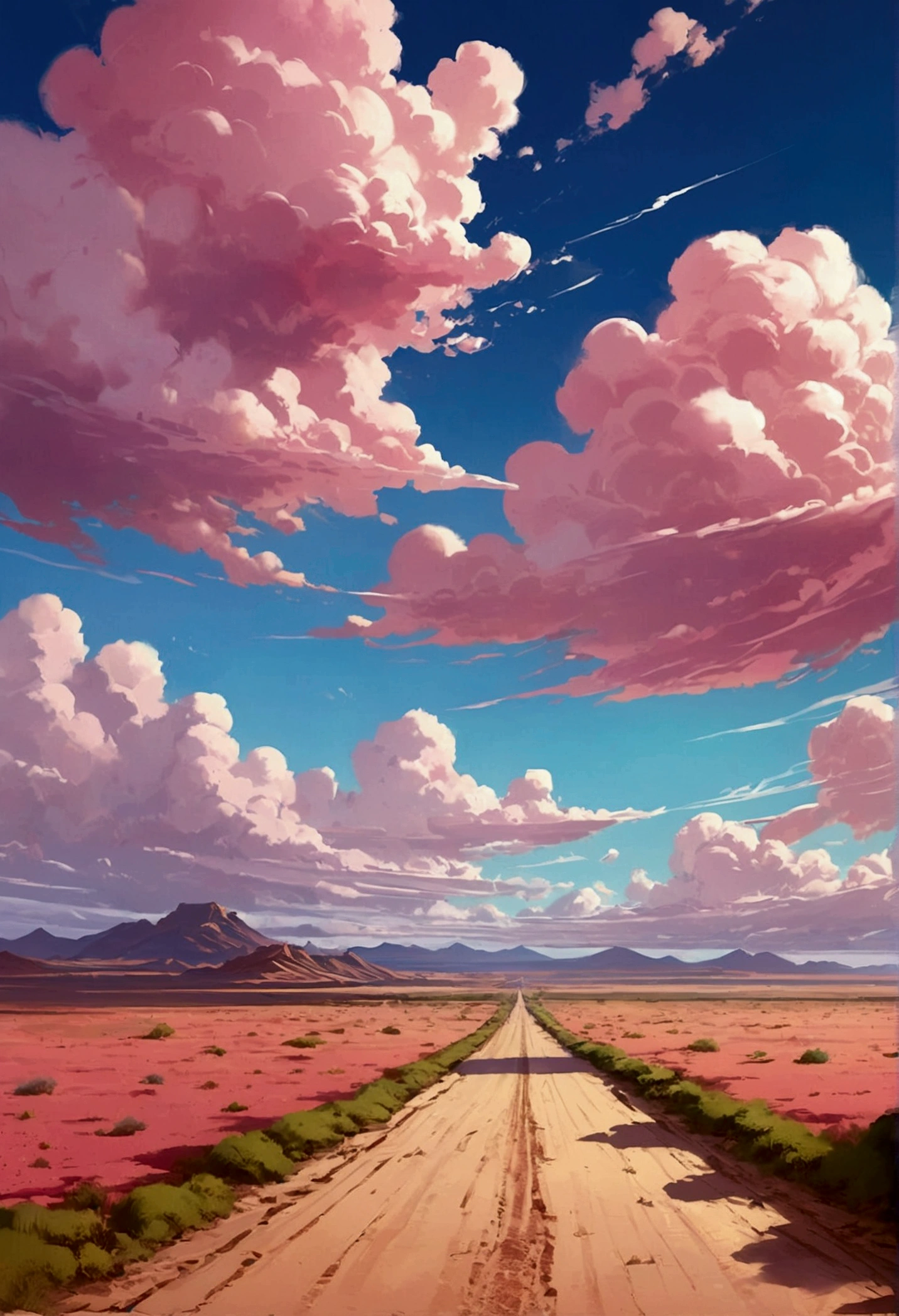 Painting of dirt roads and dirt roads leading to desert areas, Digital painting inspired by RHADS, Pixiv, Conceptual Art, Ross Tran. Landscape Background, fluffy pink anime clouds, anime clouds, anime sky, Rad!!!, Beautiful fluffy clouds. anime, beautiful anime scene, anime landscape, Concept Art | Rad