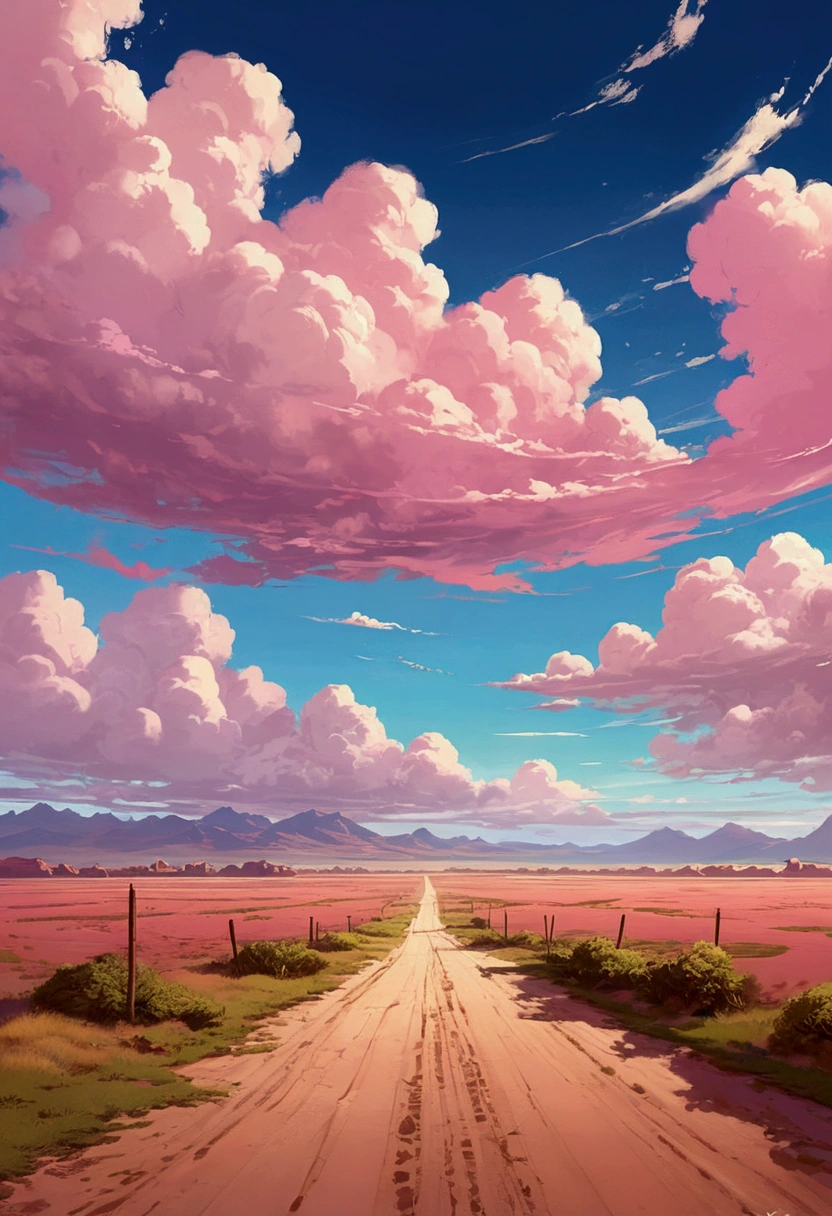 Painting of dirt roads and dirt roads leading to desert areas, Digital painting inspired by RHADS, Pixiv, Conceptual Art, Ross Tran. Landscape Background, fluffy pink anime clouds, anime clouds, anime sky, Rad!!!, Beautiful fluffy clouds. anime, beautiful anime scene, anime landscape, Concept Art | Rad