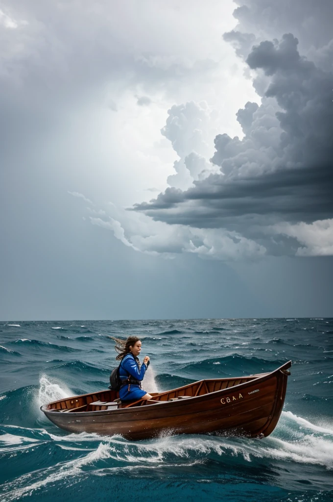 Girl in a boat in the middle of a sea with a storm