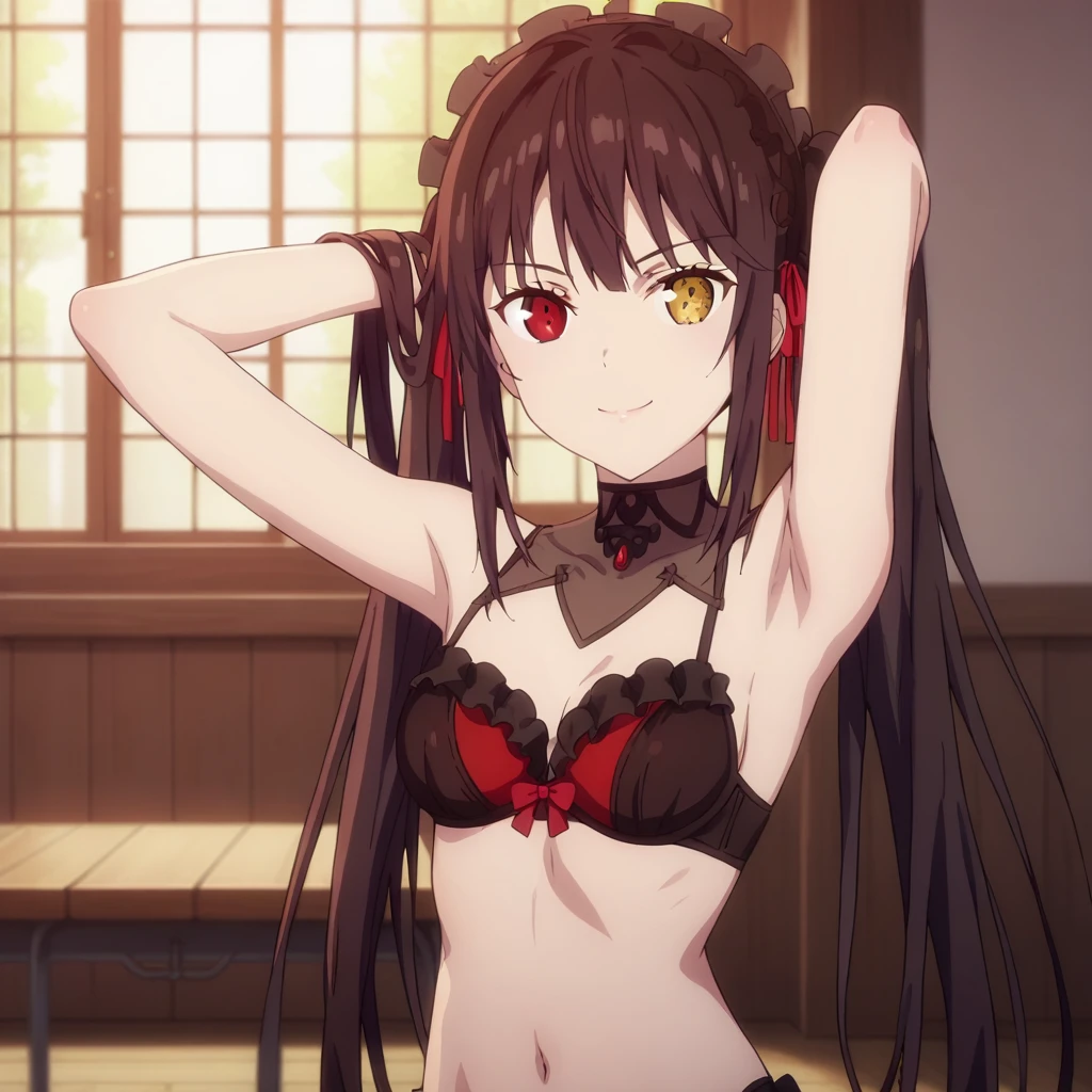 score_9, score_8_up, score_7_up, masterpiece,best quality,highres,ultra-detailed, source_anime,
kurumitokisaki, kurumi tokisaki, black hair, golden right eye(clock eye), heterochromia and red eyes, long hair, (bunches)
bare shoulder, ribbon, Black bra, bikini, briefs, black bikini, twintails, low twintails, black silk leggings, indoors, outdoor, smile, whole body
looking at viewer, arm_behind_head,arms_up,cowboy shot,
