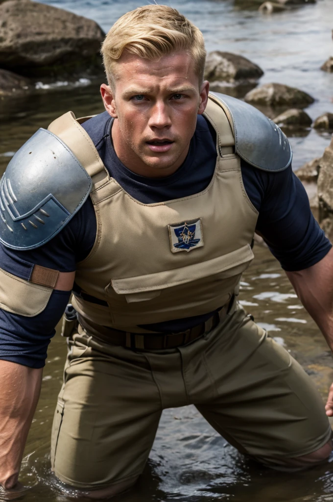 llustration in Leyendecker style ; without a weapon , a navy seal , blonde , 27 years old, , stands on both knees , a frightened look . there are drops of blood on his face . His face , lips , hair and body armor are thickly splattered with white viscous sperm . Cum trickles out of his mouth in a thin stream