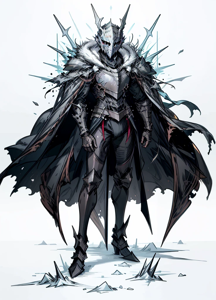 1boy ,full face helmet ,black knight, arctic knight, muscular man, broken cloak, nice clothes, (high resolution, high detail, best quality),