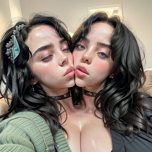 ((masterpiece)), ((best quality)), (detailed), ((perfect:1.3)) solo, two-headed billieeilish, a woman, gorgeous woman, luscious lips, black hair, huge blue eyes, ((extremely detailed eyes)), eyes closing, ((deep cleavage:1.2)) sexy, ((perfect massive breasts)), (two heads, conjoined_dicephalus), (kissing:1.5), ( unbuttoned cardigan), blushing, extremely aroused, lying on a couch on her side, ((close-up)), falling asleep, yawning, ((focus on faces:1.3)), ((cheeks rubbing together:1.3))