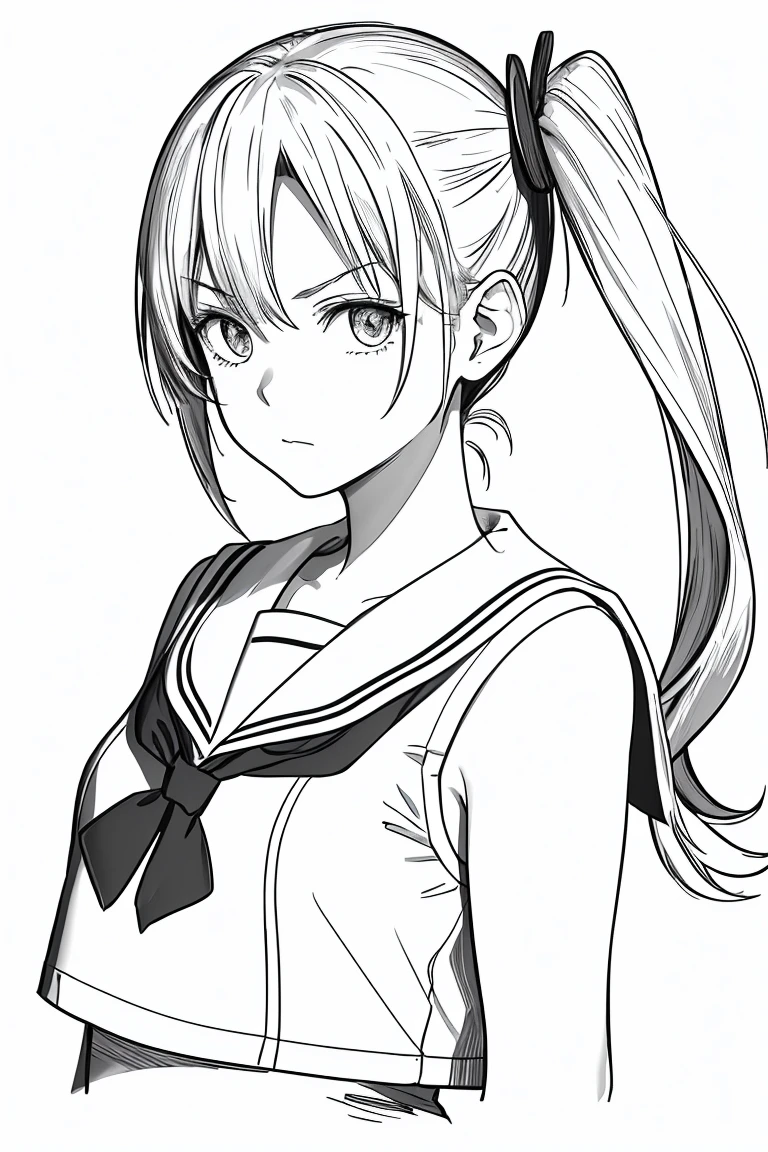 masterpiece,, One Girl, alone, short, White Background, Monochrome, Line art, ((sketch))、Look forward、Wear a sailor uniform、Angry、Arms folded in front of chest、Side Ponytail、