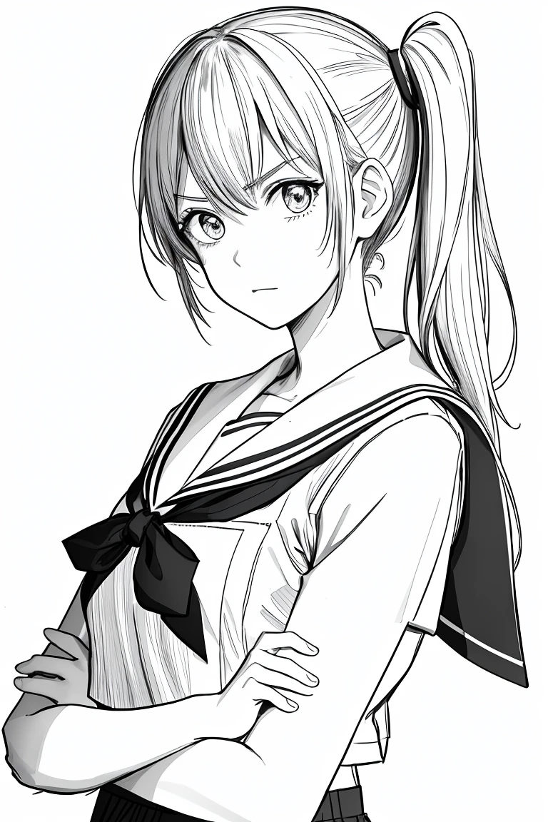 masterpiece,, One Girl, alone, short, White Background, Monochrome, Line art, ((sketch))、Look forward、Wear a sailor uniform、Angry、Arms folded in front of chest、Side Ponytail、