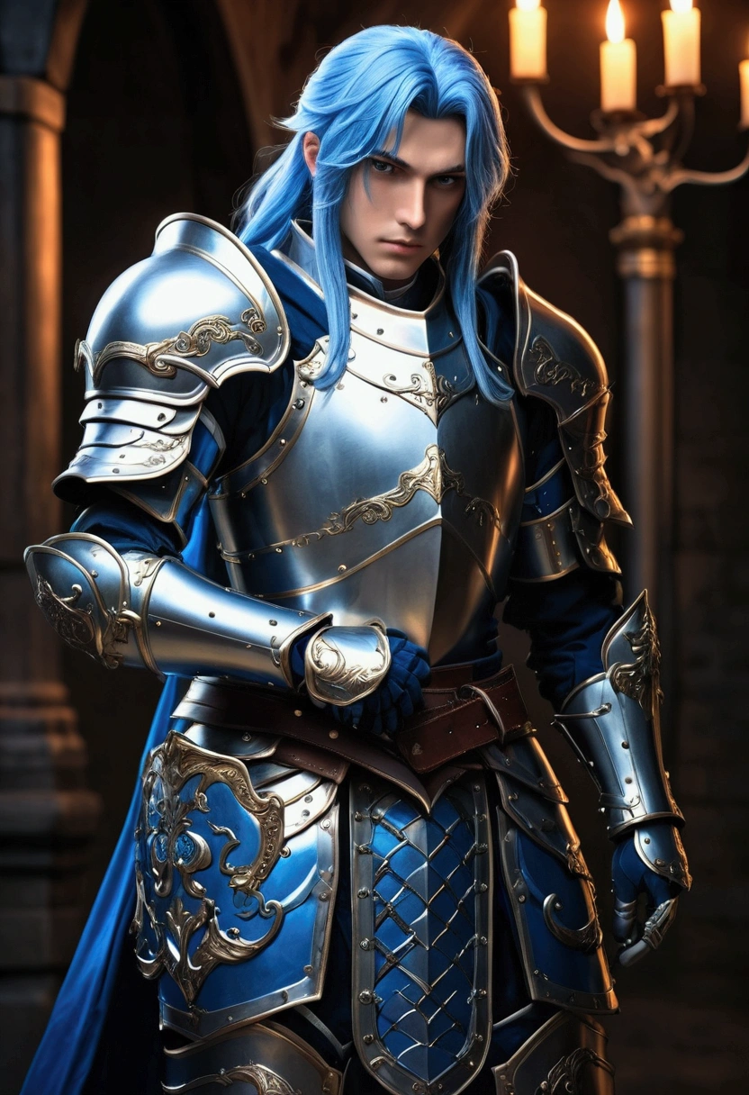 a handsome noble knight, detailed armor, long blue hair, blue and black clothes, elbow protectors, knee protectors, hand armor, leg armor, (best quality,4k,8k,highres,masterpiece:1.2),ultra-detailed,(2 dimension art, photo,photo-anime:1.37),intricate details,chiaroscuro lighting,cinematic composition,dramatic lighting,dark fantasy,moody atmosphere,rich colors, fantasy,