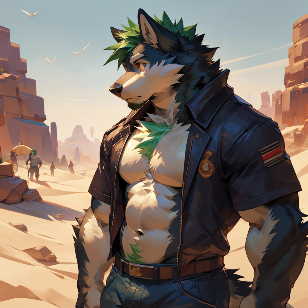 Solo, male, Husky Wolf, with black and cream-colored fur, with short bluish-green hair, with bluish-green beard, bluish-green chest fur, amber eyes, with long ears, shirtless, in jeans, chest, big chest view, desert, route 66,((focus body, furry focus, focus shadows, body shadows)), by darkgem, by mystikfox61, by glitter trap boy