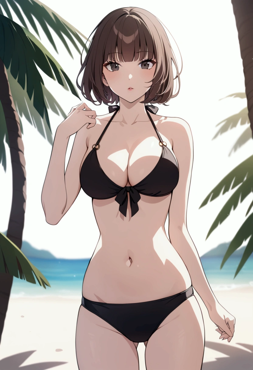 slender, mature female, 1girl, solo, bikini, navel, rating:safe, swimsuit, blurry, breasts, bikini, lips, brown_hair, depth_of_field, short_hair, looking_at_viewer, bangs, blurry_background, outdoors, medium_breasts, day, standing, cleavage, black_eyes, parted_lips, stomach, black_hair, bikini_top