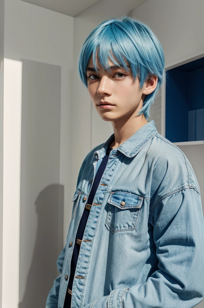 2d, 1 boy , well built, light blue hair , one dark blue and one light blue eye , fake light pink skin, light dragon scale near cheeks 90's aesthetic clothes white shirt and blue plant's with blue  jacket with light orange design's making like book fantacy charcter