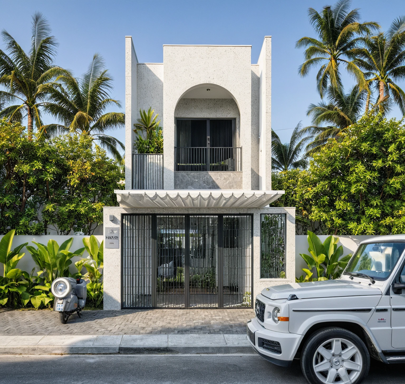 Raw photo, great product, high quality, best quality, authentic, super detailed, outdoor, 2-storey house, modern townhouse style, (white wall), Gray stone fence, painted curved wall white, Curved wall facade, aluminum glass door interior, white painted curved planter, gray tiled wall, gray iron box outer gate, road, sidewalk, grass, trees, sky, clouds, (daylight):1.1)