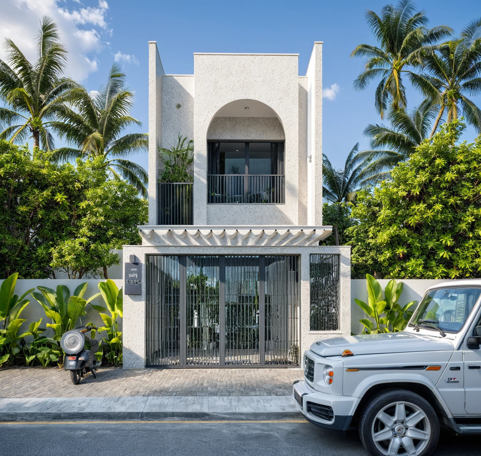 Raw photo, great product, high quality, best quality, authentic, super detailed, outdoor, 2-storey house, modern townhouse style, (white wall), Gray stone fence, painted curved wall white, Curved wall facade, aluminum glass door interior, white painted curved planter, gray tiled wall, gray iron box outer gate, road, sidewalk, grass, trees, sky, clouds, (daylight):1.1)