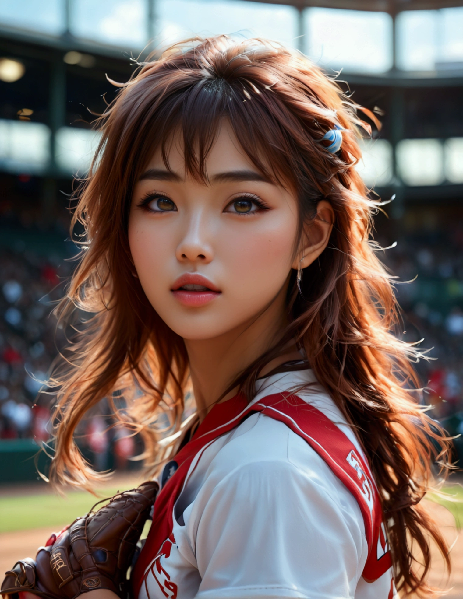 a beautiful japanese woman in a foxy baseball uniform, pitching a ball, detailed facial features, beautiful eyes, detailed lips, long eyelashes, flawless skin, toned athletic body, baseball stadium, cheering crowd, dynamic action, (best quality, 4k, 8k, highres, masterpiece:1.2), ultra-detailed, (realistic, photorealistic, photo-realistic:1.37), HDR, UHD, studio lighting, ultra-fine painting, sharp focus (show her from head to toe, show her entire body), physically-based rendering, extreme detail description, professional, vivid colors, bokeh, sports, baseball, anime
