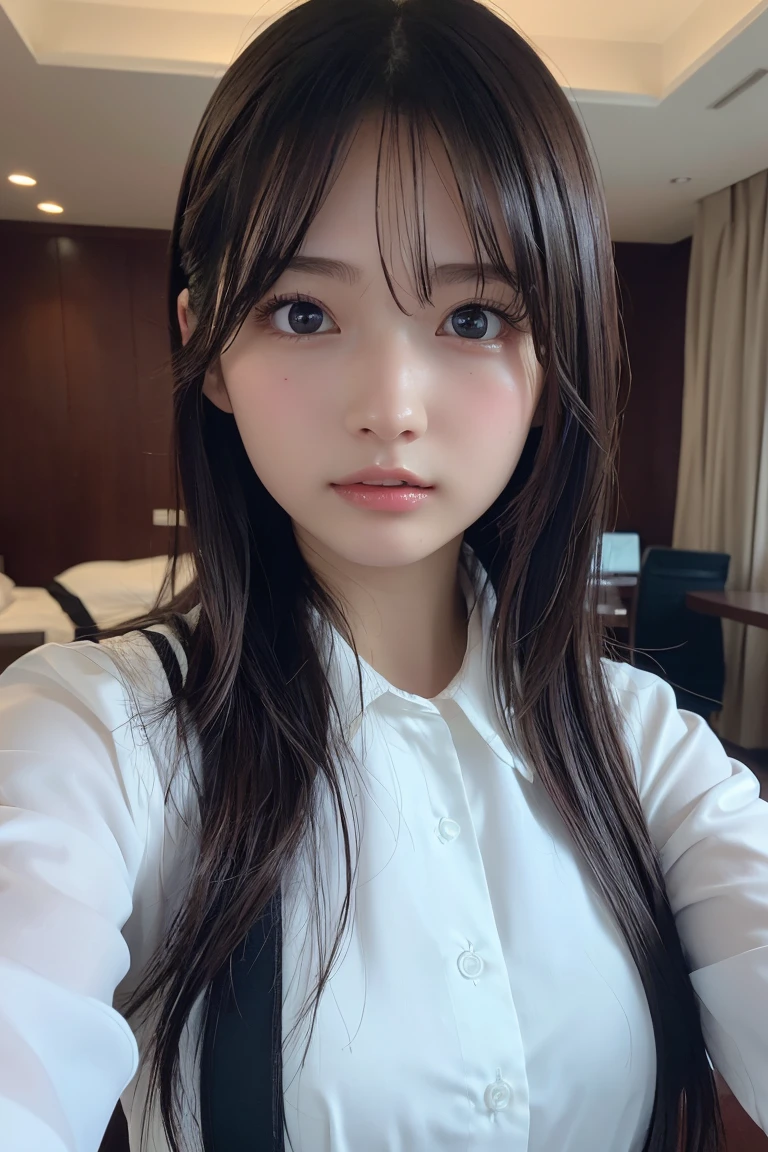 (Highest quality、masterpiece:1.2)、(Realistic、Photorealistic)、(wallpaper)、、One Girl、alone、23 years old、(Perfect Eyes)、Perfect hands、Perfect Proportions、Highly detailed face、Highly detailed skins、Very white skin、(Selfie style)、(indoor)(business hotel)