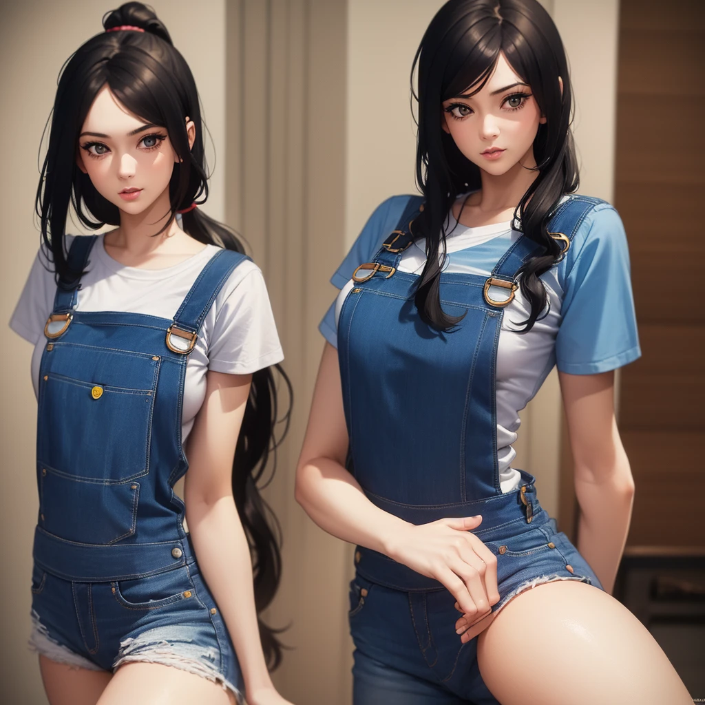 pho3b3cat3s photos, Beautiful woman, ((24-years-old)), street, T-Shirts, Denim overalls, 1980s, Retro, Long wavy black hair in a ponytail, (masterpiece), (Highly detailed CG Unity 8k wallpaper), Complex, ((Realistic)),Beautiful breasts,sexy